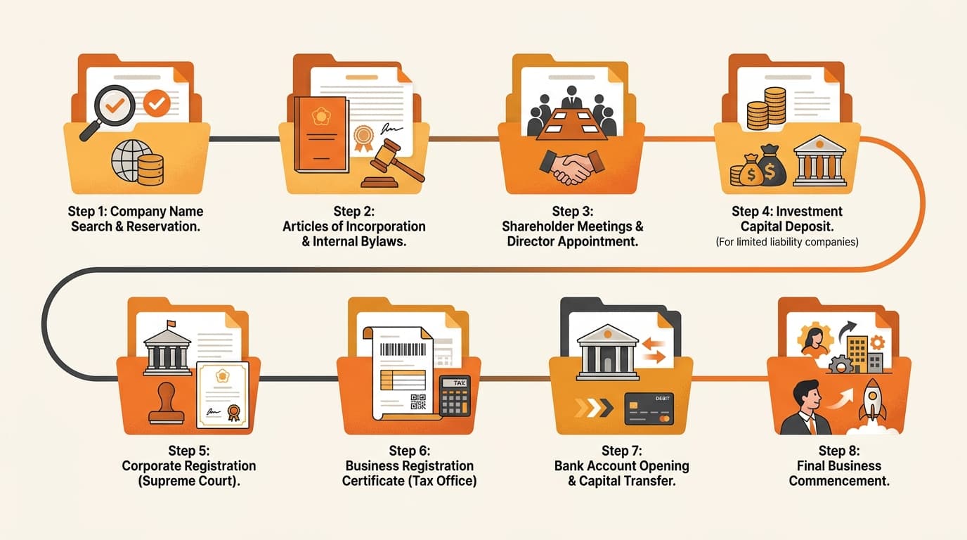 Korean company formation broken into distinct sequential document stages shown as connected cards
