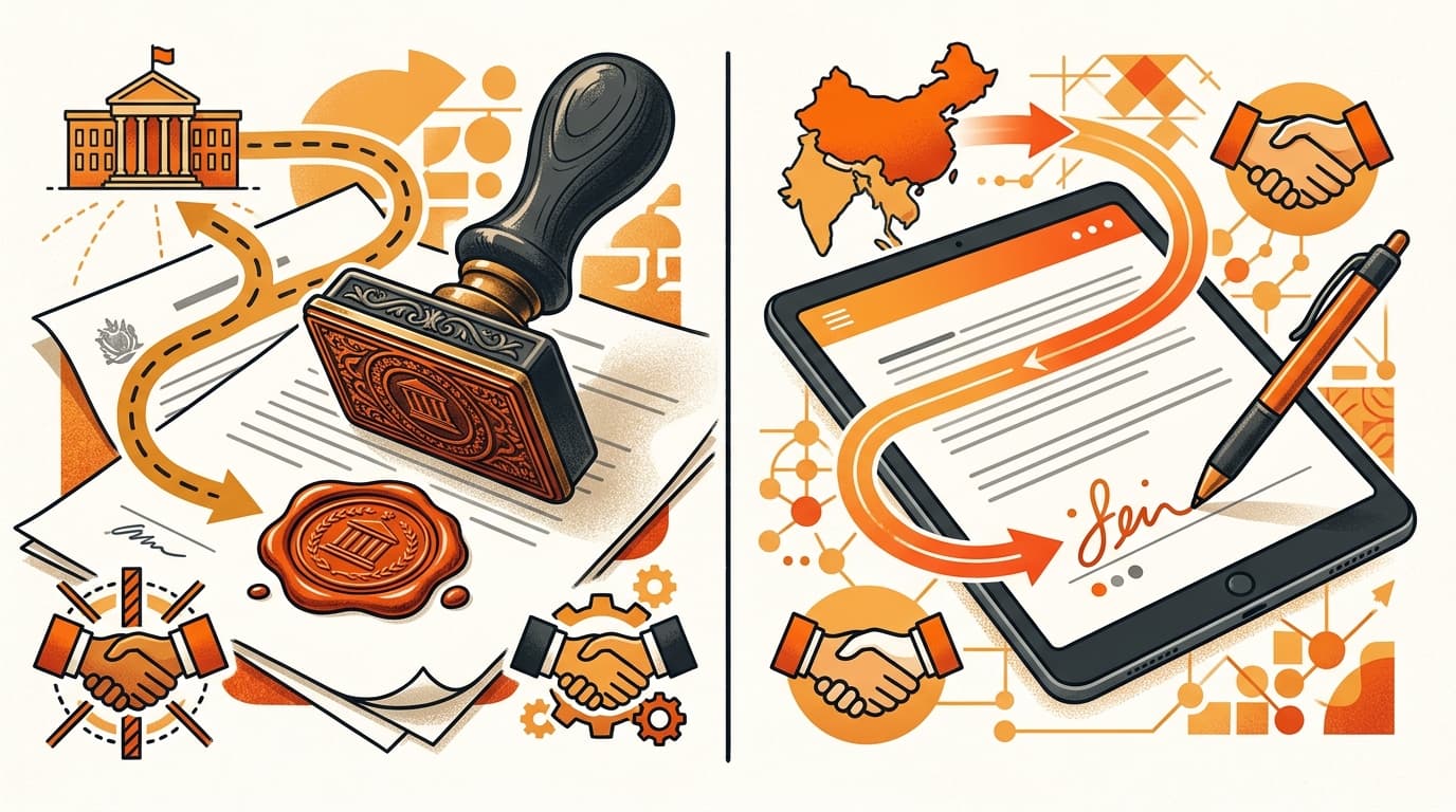 A traditional corporate seal next to a modern name-and-title signature on a contract