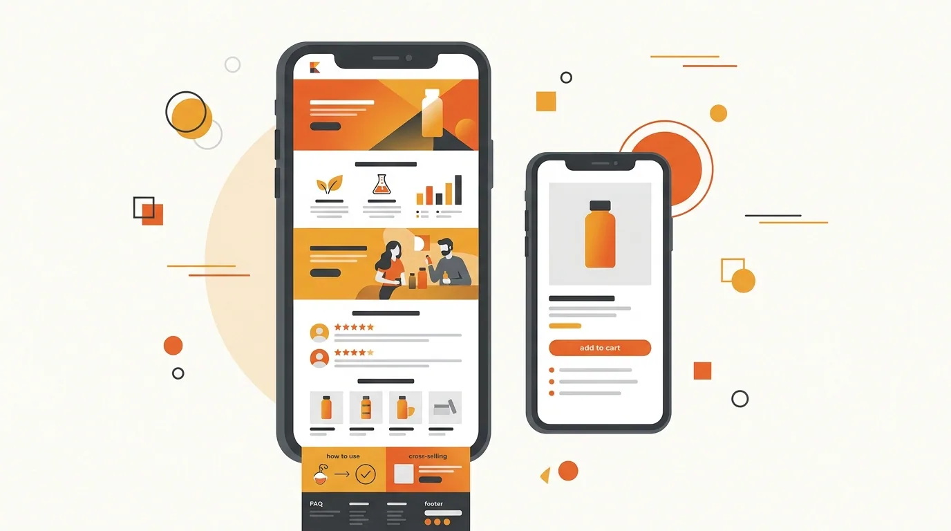 Illustration contrasting a tall Korean product detail page on one phone with a short Western page on another.