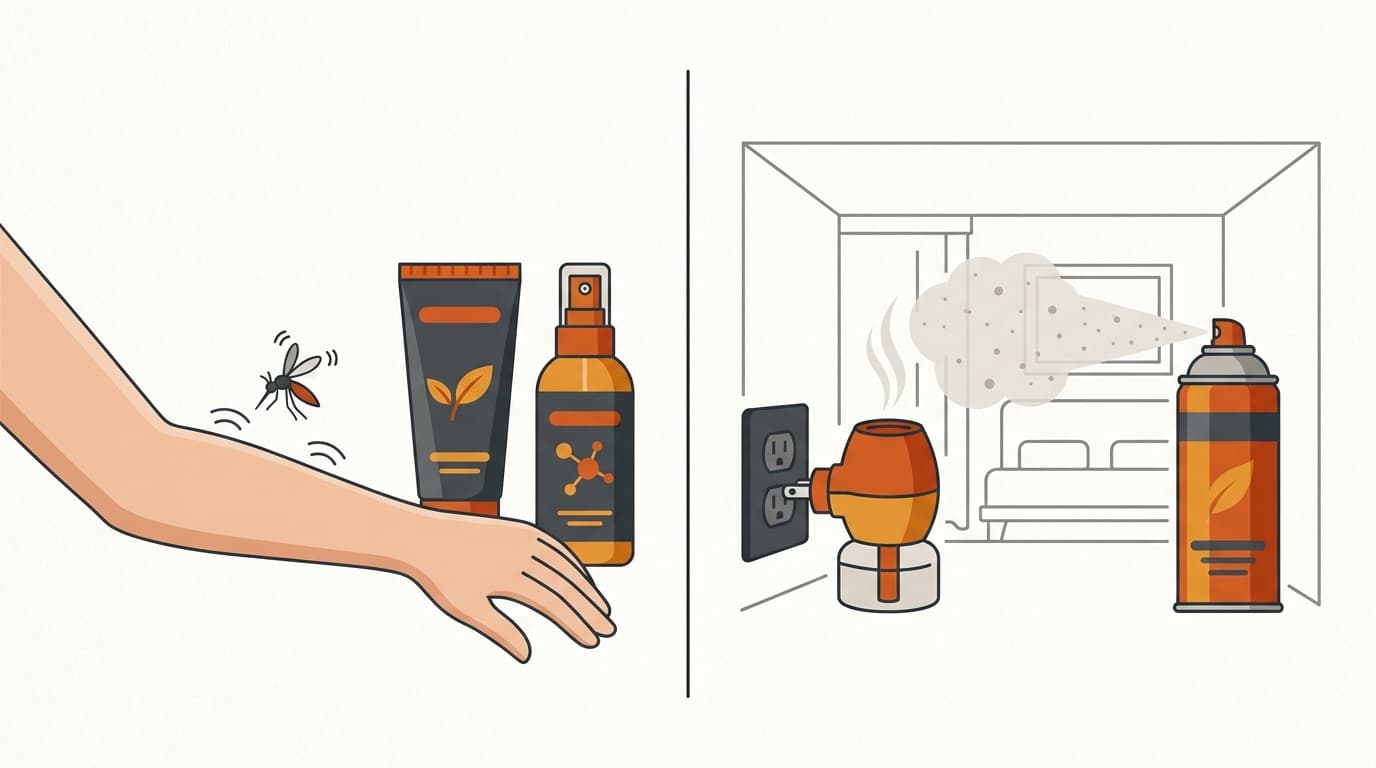 Skin-applied mosquito lotion and spray on the left, plug-in diffuser and aerosol filling a room on the right