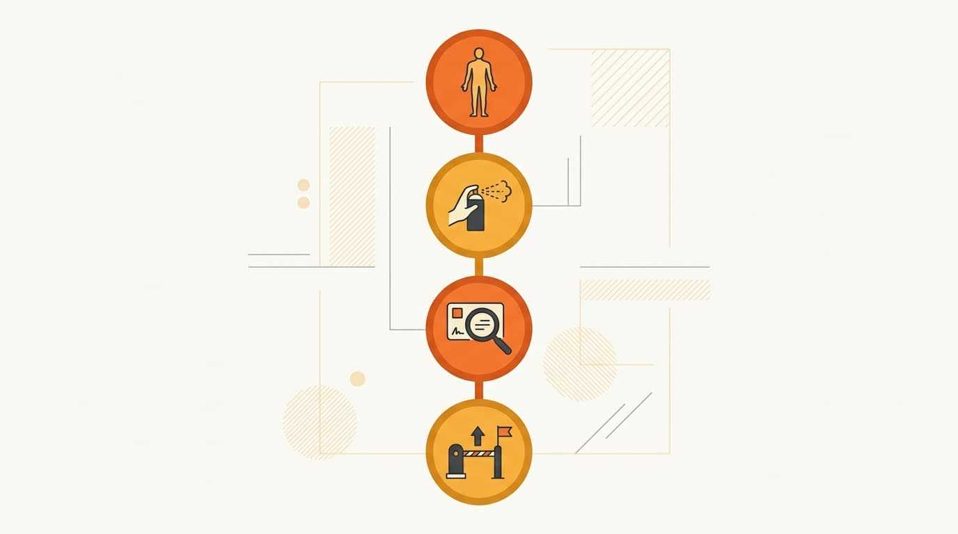 A four-step vertical path with nodes for body, spray, label review, and a customs gate