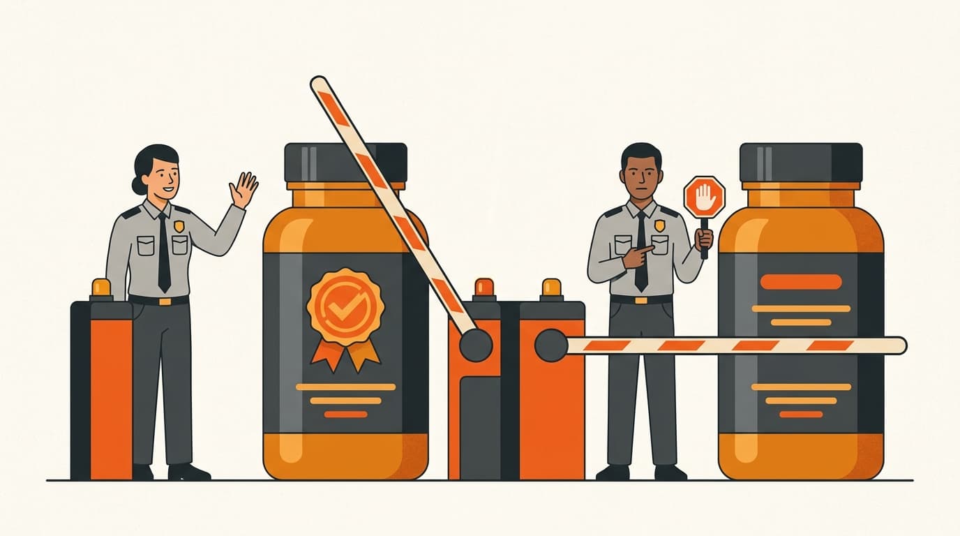 Two identical supplement bottles at a regulatory checkpoint, one cleared because it wears an official seal, the other stopped because it lacks one