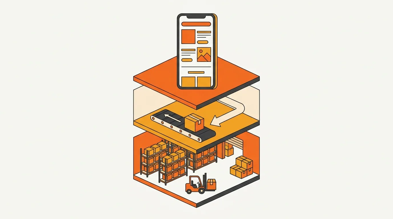 Illustration of a layered Korea operational stack: warehouse fulfillment, returns loop, and a Korean-language product page