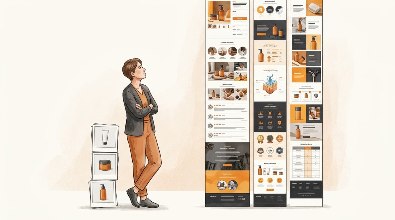 A founder facing a tall Korean detail page towering over a small pile of simple product photos