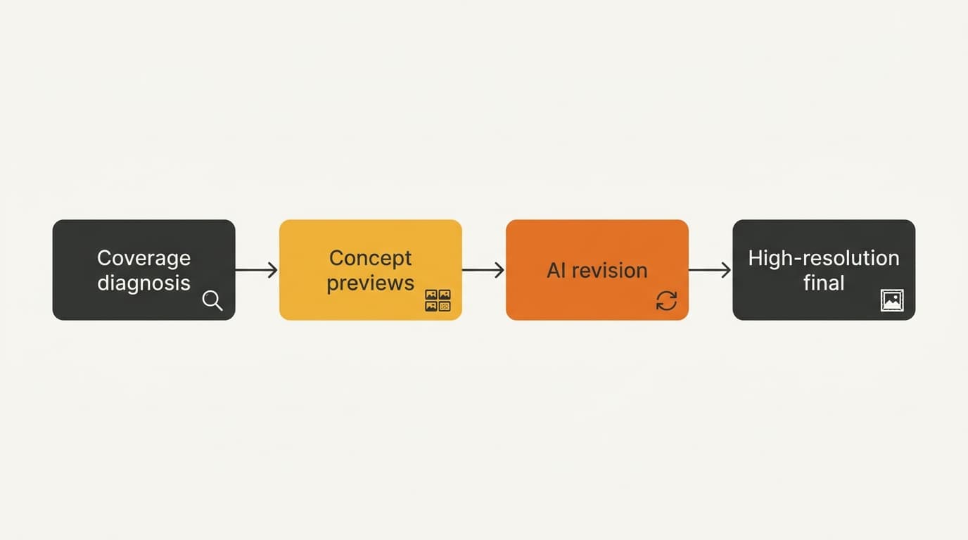 A four-stage process flow: coverage diagnosis, concept previews, AI revision, high-resolution final