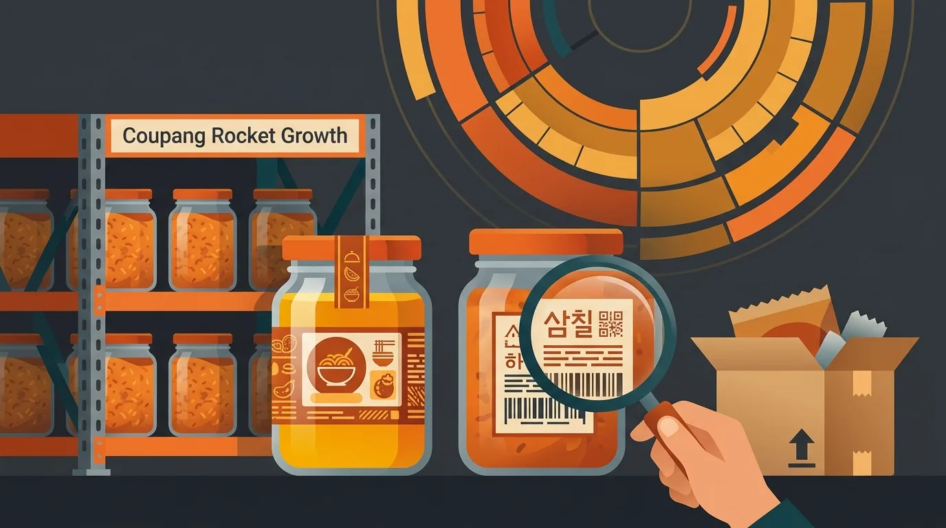 Illustration of the hidden operational layer after launch — Rocket Growth shelves, returns, Korean labels, and a settlement calendar