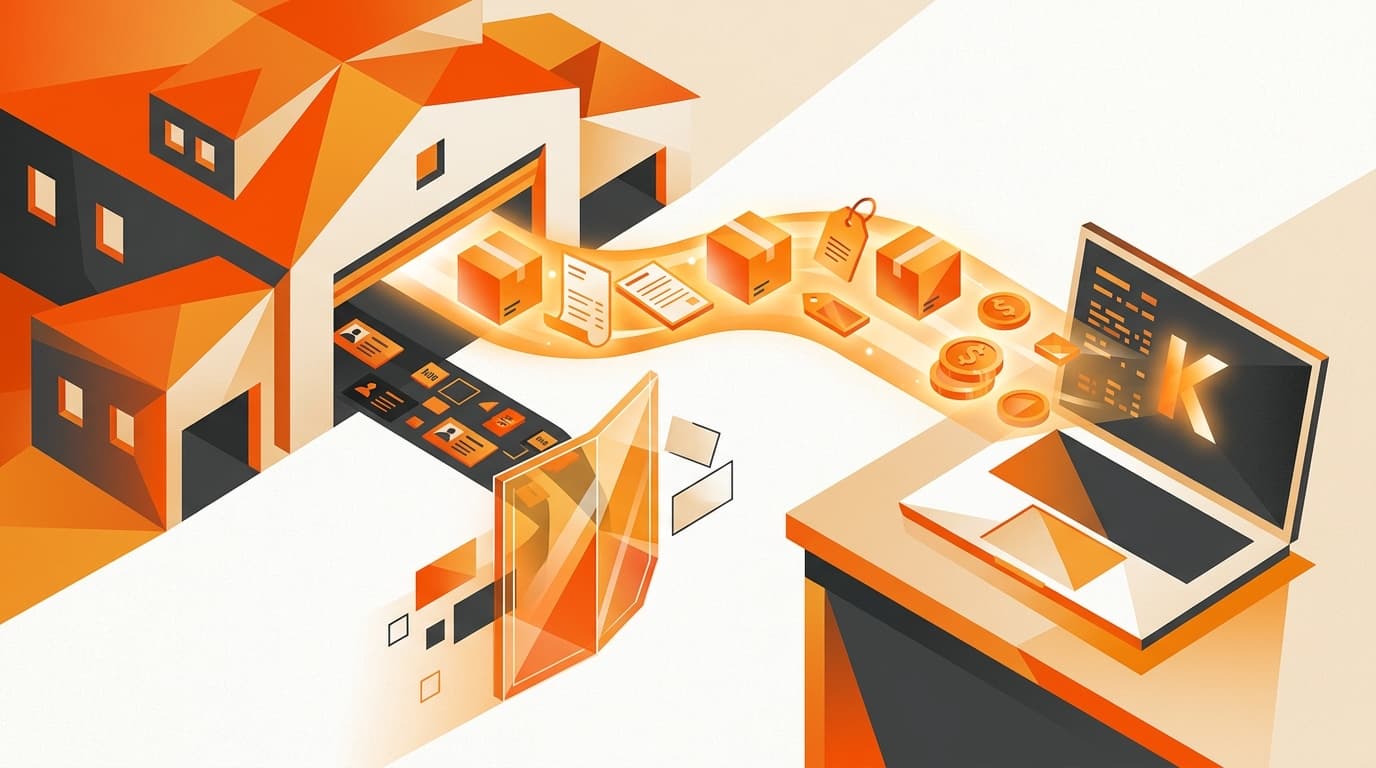 Illustration of operational data flowing out of a marketplace while personal contact cards are blocked at a barrier