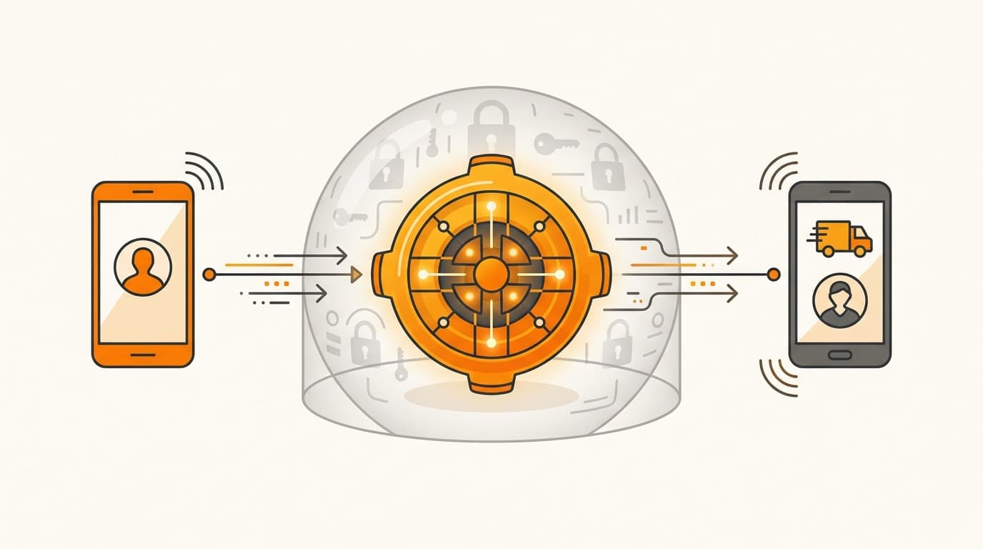 Illustration of a phone-call relay routing through a proxy node so neither party sees the other's real number