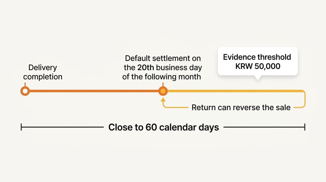 Timeline of Coupang settlement showing delivery completion, the 20th business day payout, and a return reversal branch