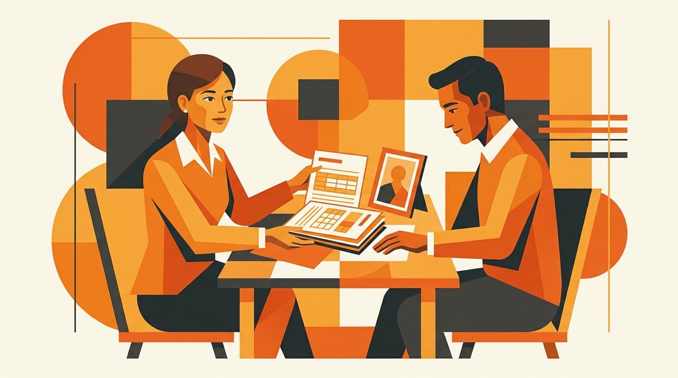 Two people reviewing labeled documents and a photo as factual evidence across a table
