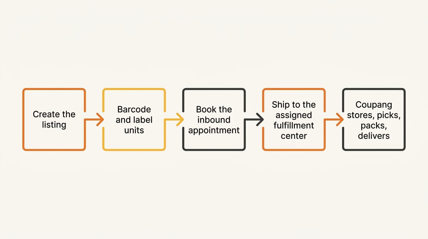 Two stacked prerequisite layers — customs clearance and a live listing — beneath a unit of inventory ready to ship