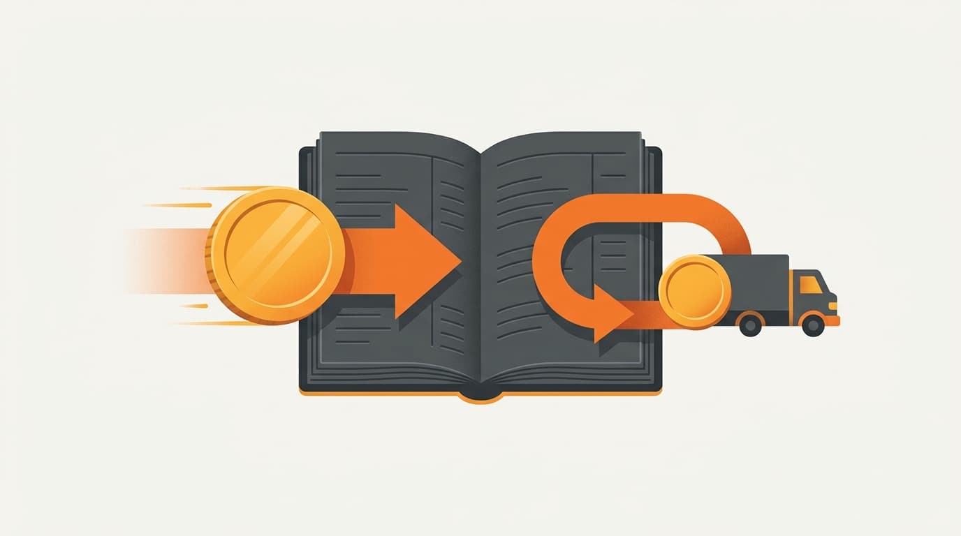 A recognized sale flowing into a ledger then partially pulled back by a return arrow with a shipping-cost icon