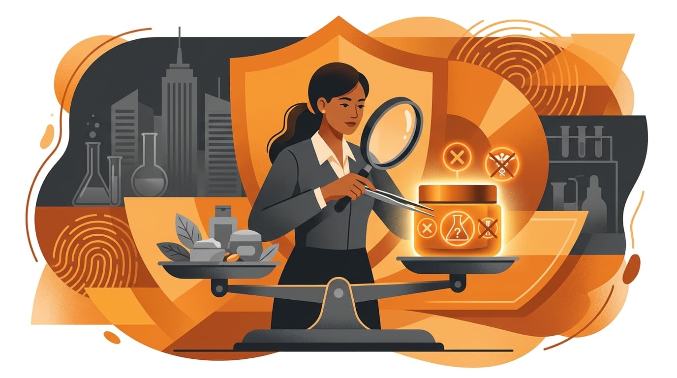 A magnifying glass flags certain marketing phrases in warning orange, with a pill bottle and medical symbol in the background