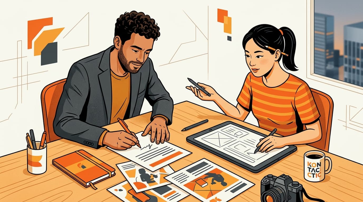 A brand founder signing off on a Korean ad creative while a Korean partner sketches the layout