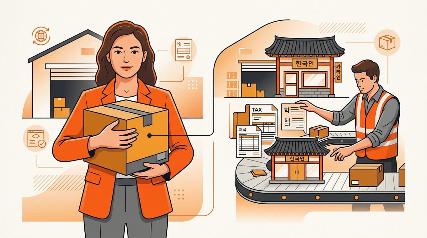 Brand owner holding their product while an operator manages logistics and tax in the background