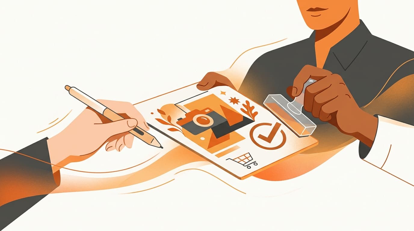 An ad creative being approved by the brand owner while the operator holds the design tool
