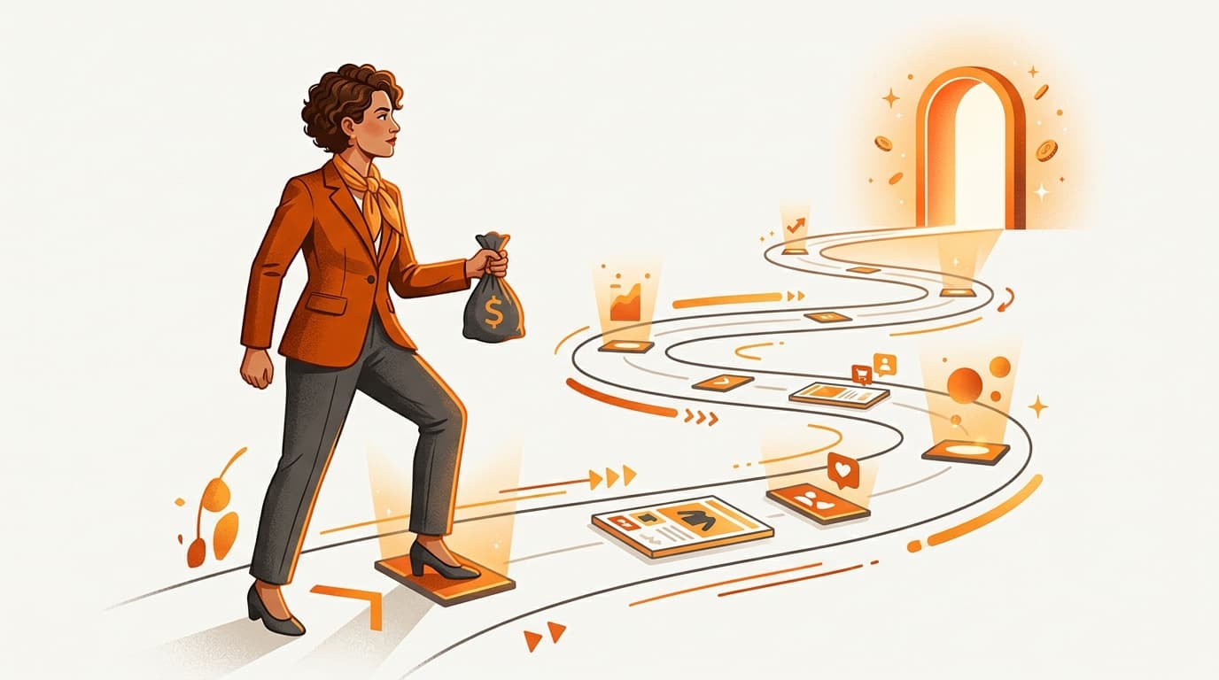 A founder at the start of a timeline holding money, looking toward a distant payout gate past a glowing ad panel