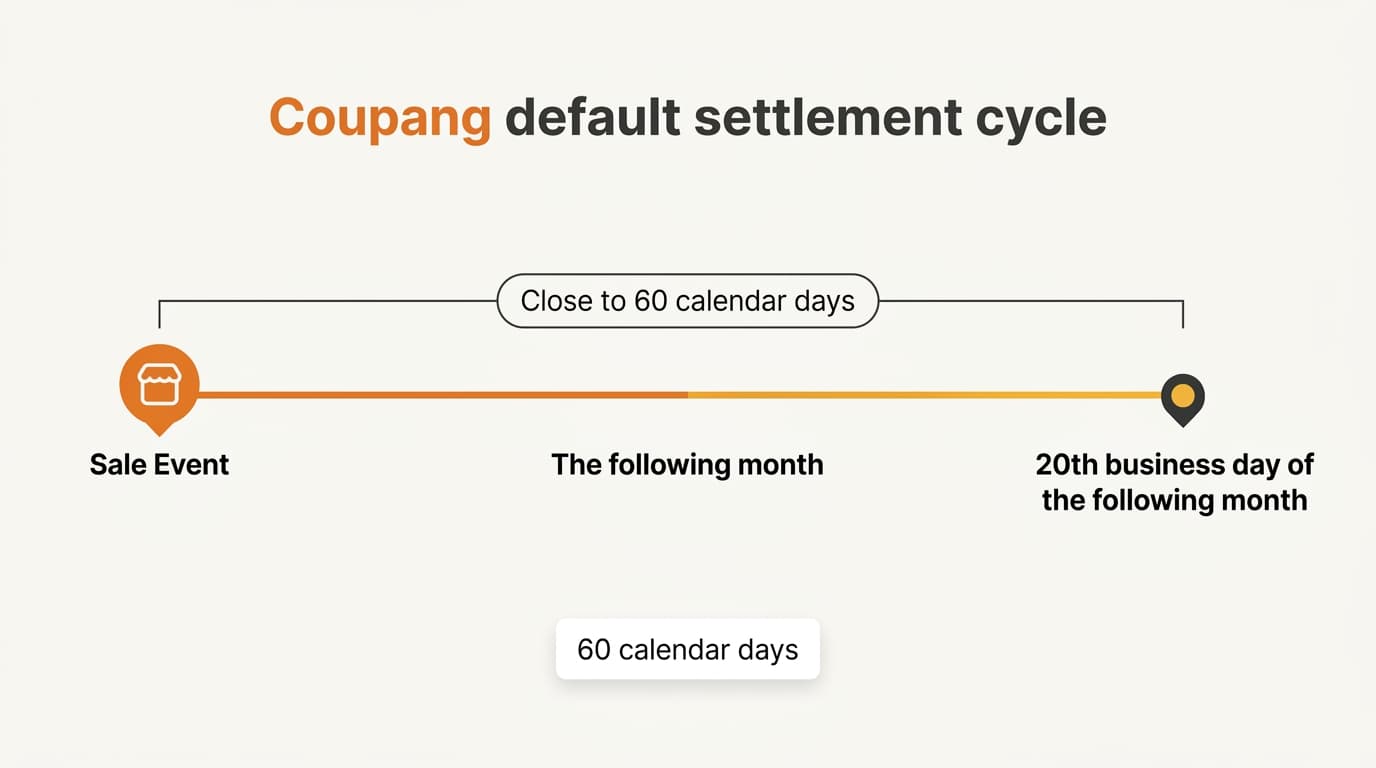 A horizontal timeline showing a Coupang sale, a following-month gap, and a payout on the 20th business day, spanning close to 60 calendar days