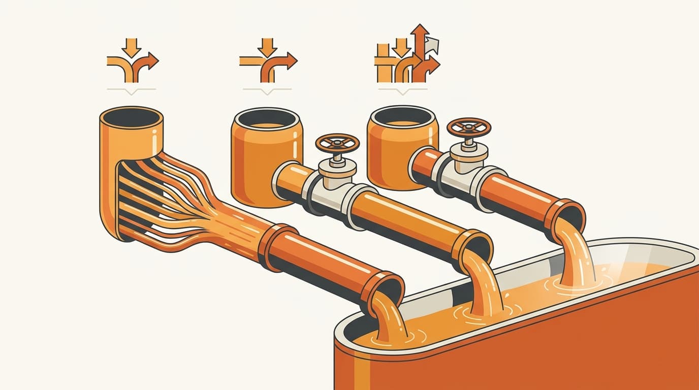 Three parallel pipes feeding an advertising budget reservoir — one from a pooled settlement fund, two from a company revenue tank with an external top-up valve