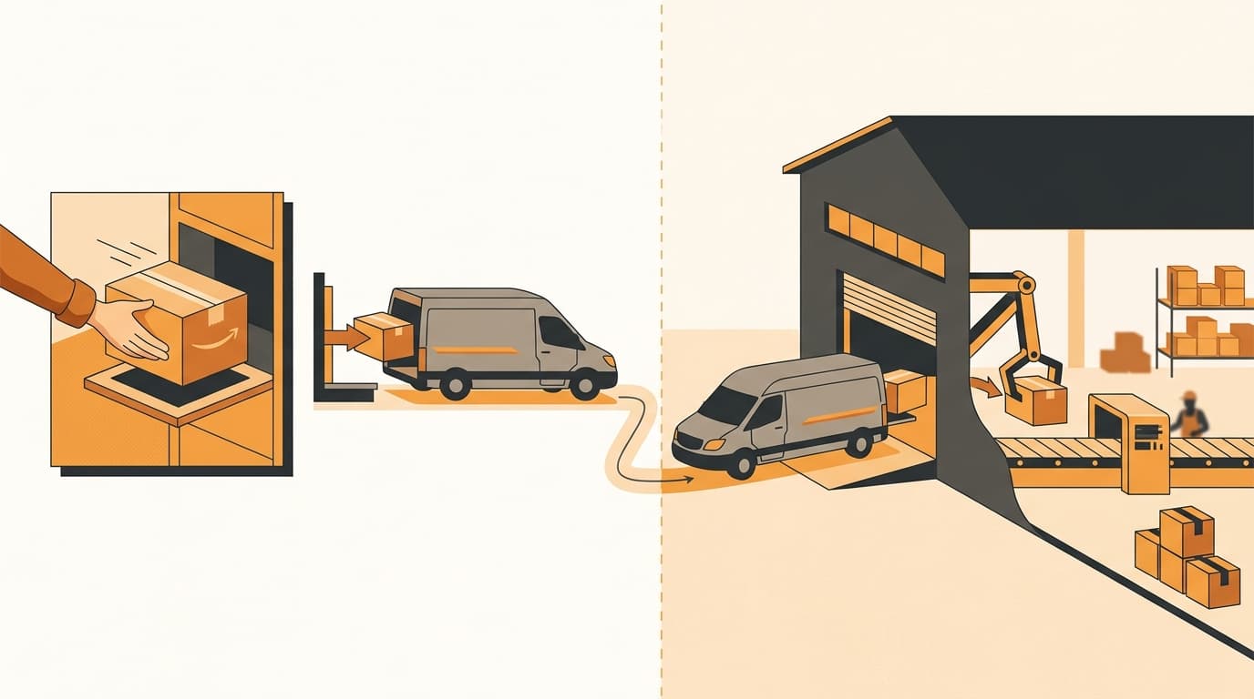 A returned parcel moving backward through a logistics network from customer to warehouse, with a boundary line separating the platform-operated zone from the brand-owned zone