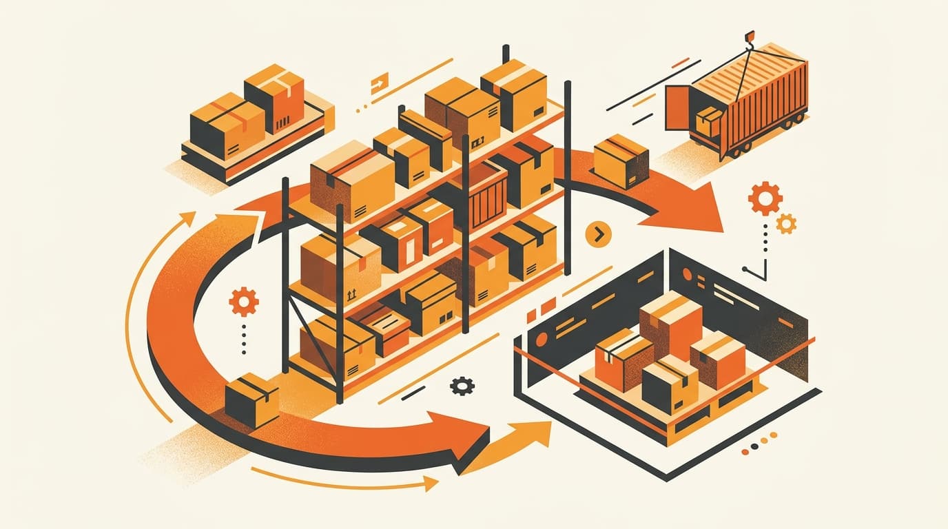 Warehouse inventory dashboard concept showing units cycling out of and back into sellable circulation with a shipping container implying slow overseas restocking