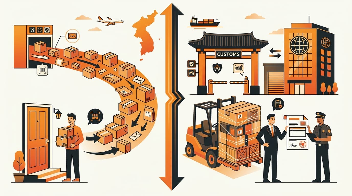Diagram contrasting cross-border parcels to a consumer versus a commercial pallet clearing to a business importer in Korea