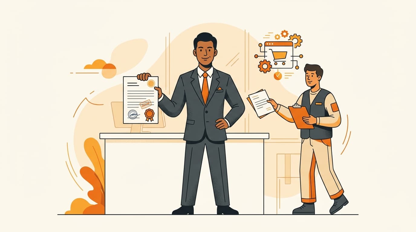 Illustration showing an accountable importer at a customs desk while a forwarder and a marketplace platform act only as helpers