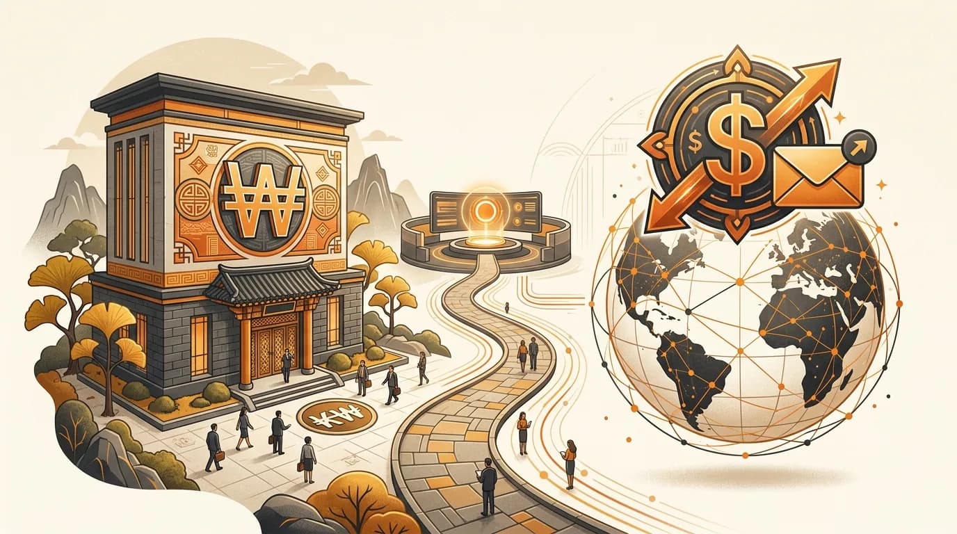 Split scene of a Korean bank with KRW currency motifs and an international wire transfer with USD motif