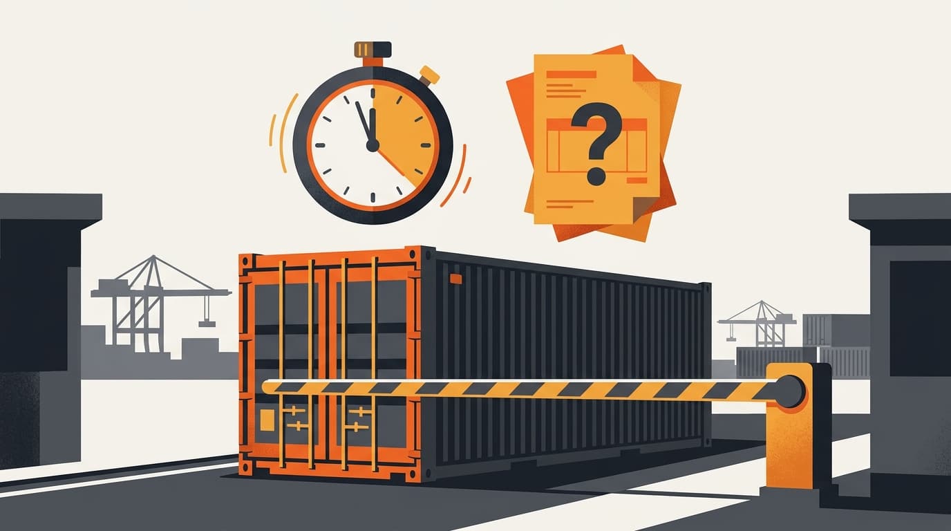 A shipping container paused at a border barrier with duties due before release