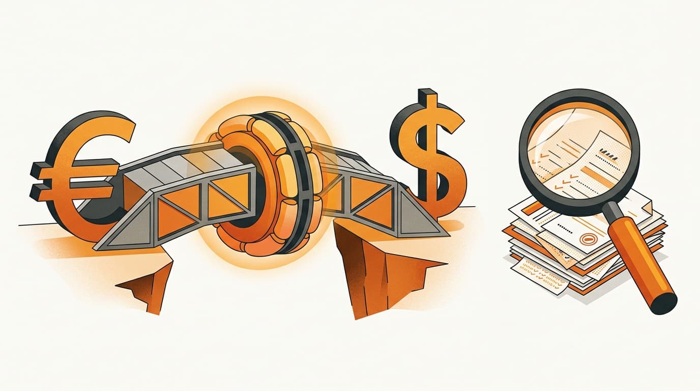 Two currencies bridged with a protective buffer and reconciled documents