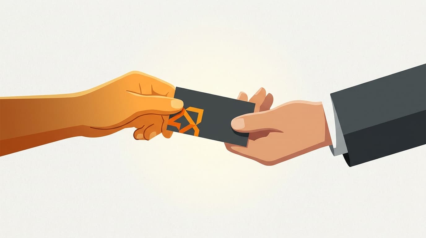 A business card being handed over while ownership stays with the brand
