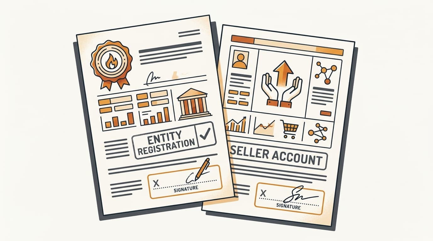 Two documents — an entity registration and a seller account — signed by the accountable named party