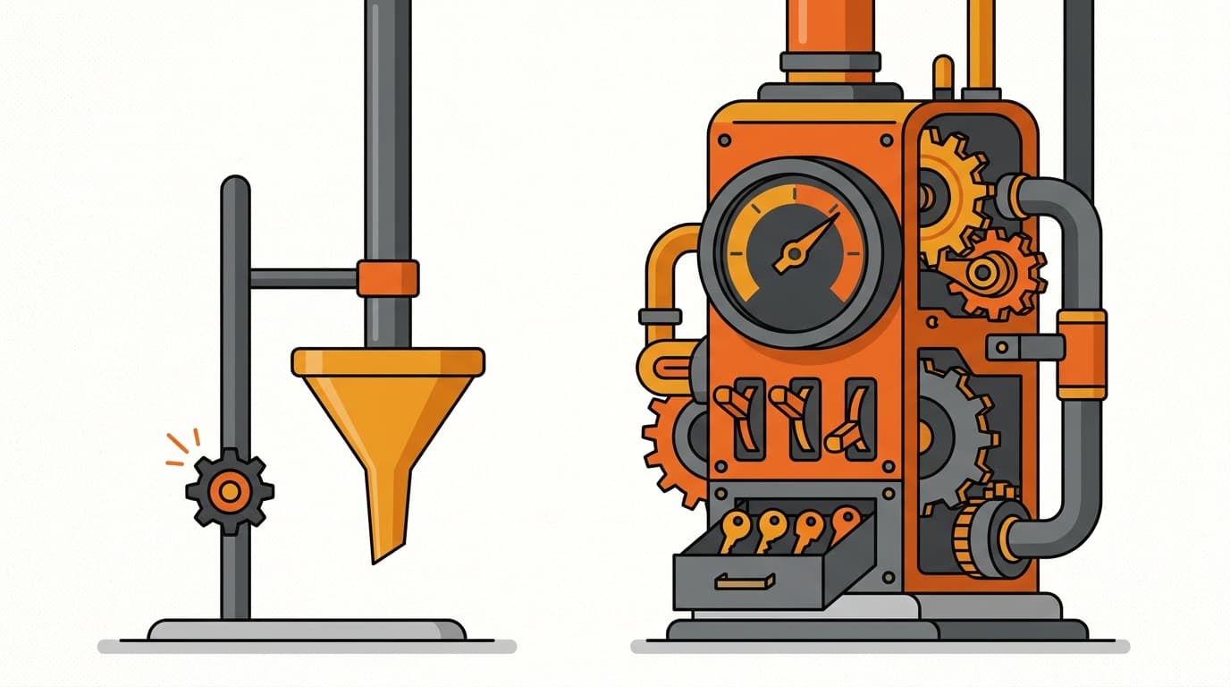 Two integration machines side by side, a fragile single-pipe design on the left and a robust design with a status watcher, routing switches, and an ID storage drawer on the right