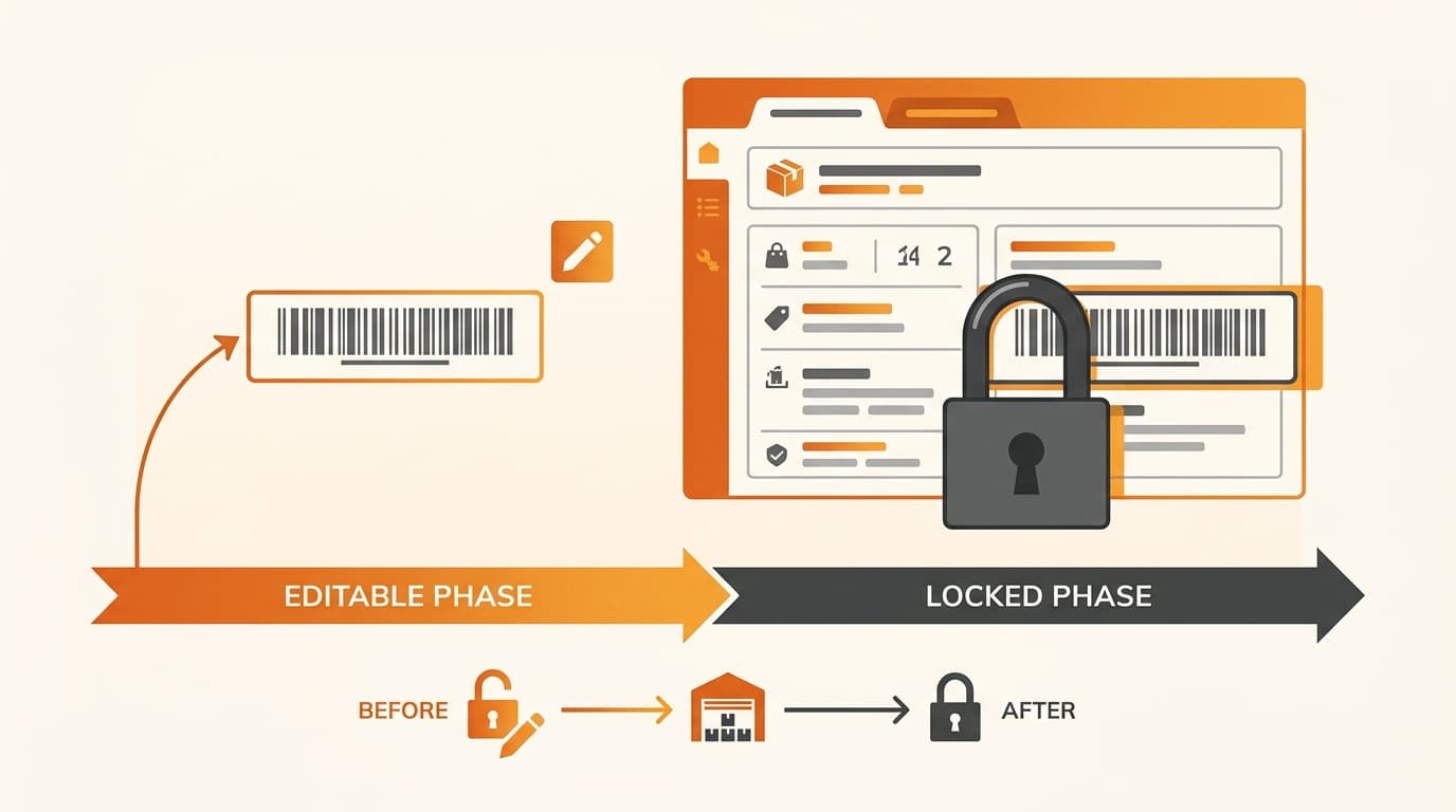 A padlock over a product data record with a timeline showing an editable phase before a locked phase