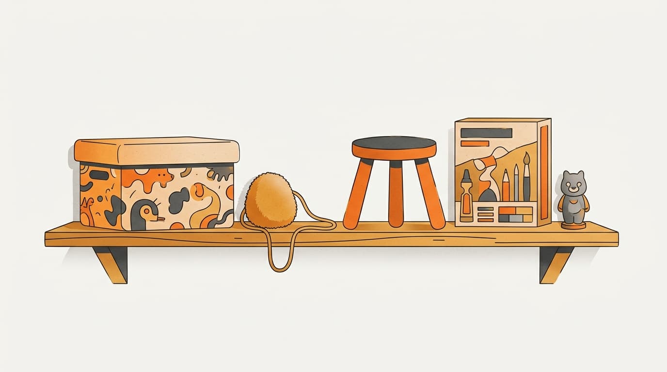 A shelf of ambiguous gray-zone household objects that may qualify as children's products