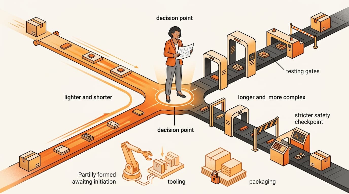 Two diverging manufacturing paths splitting from a single design decision made before tooling is locked