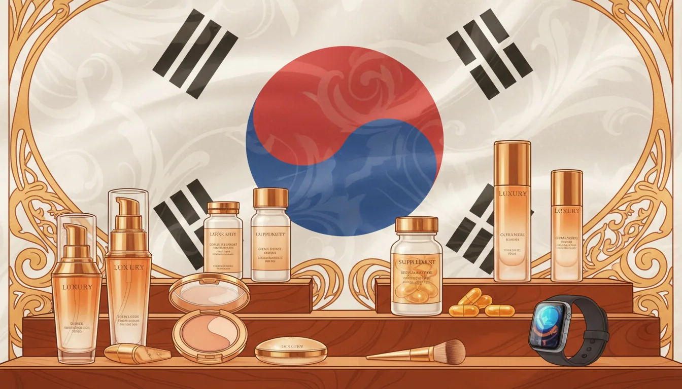 Shelves of imported supplements, skincare, and specialty snacks displayed in a modern Korean retail environment
