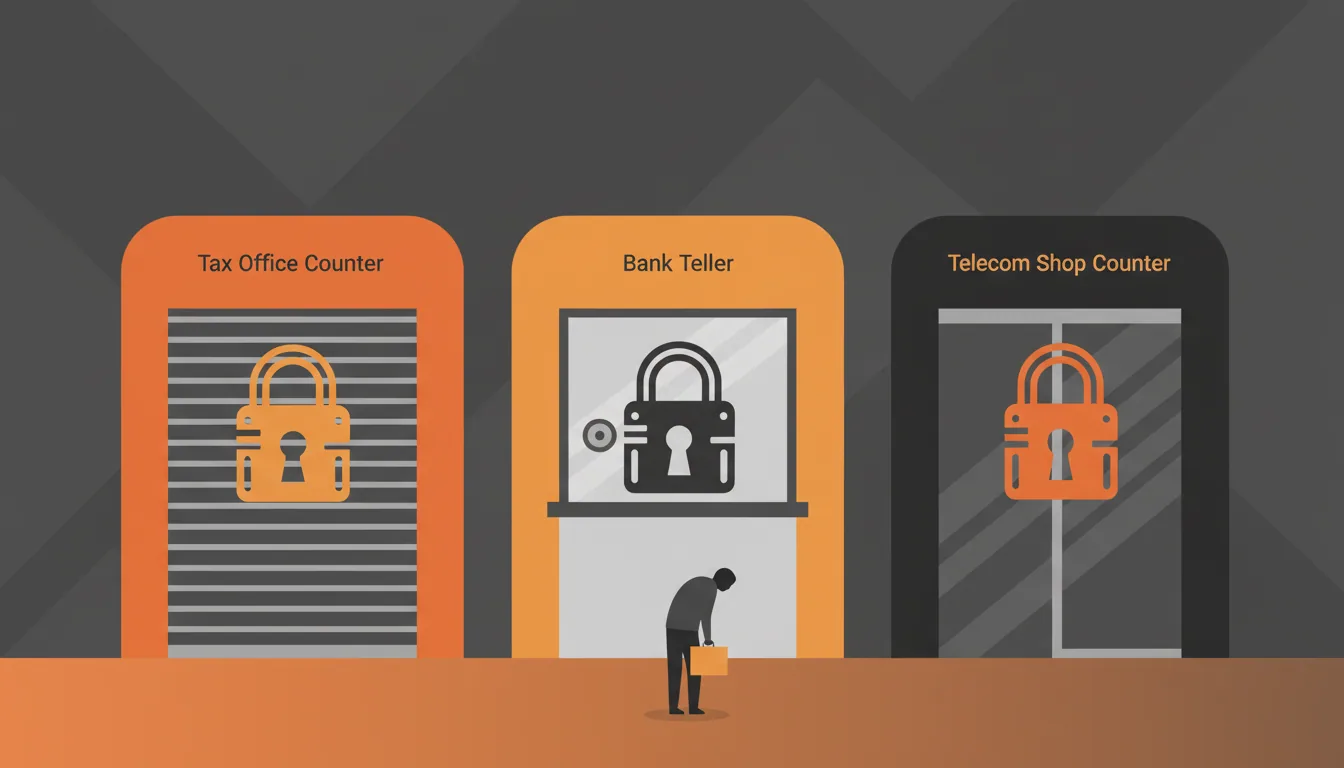 Illustration of three closed institutional doors representing tax office, bank, and telco counters