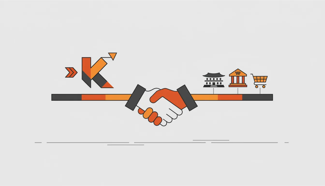 Illustration of a bridge connecting a foreign brand icon to Korean institutional icons via a trusted intermediary