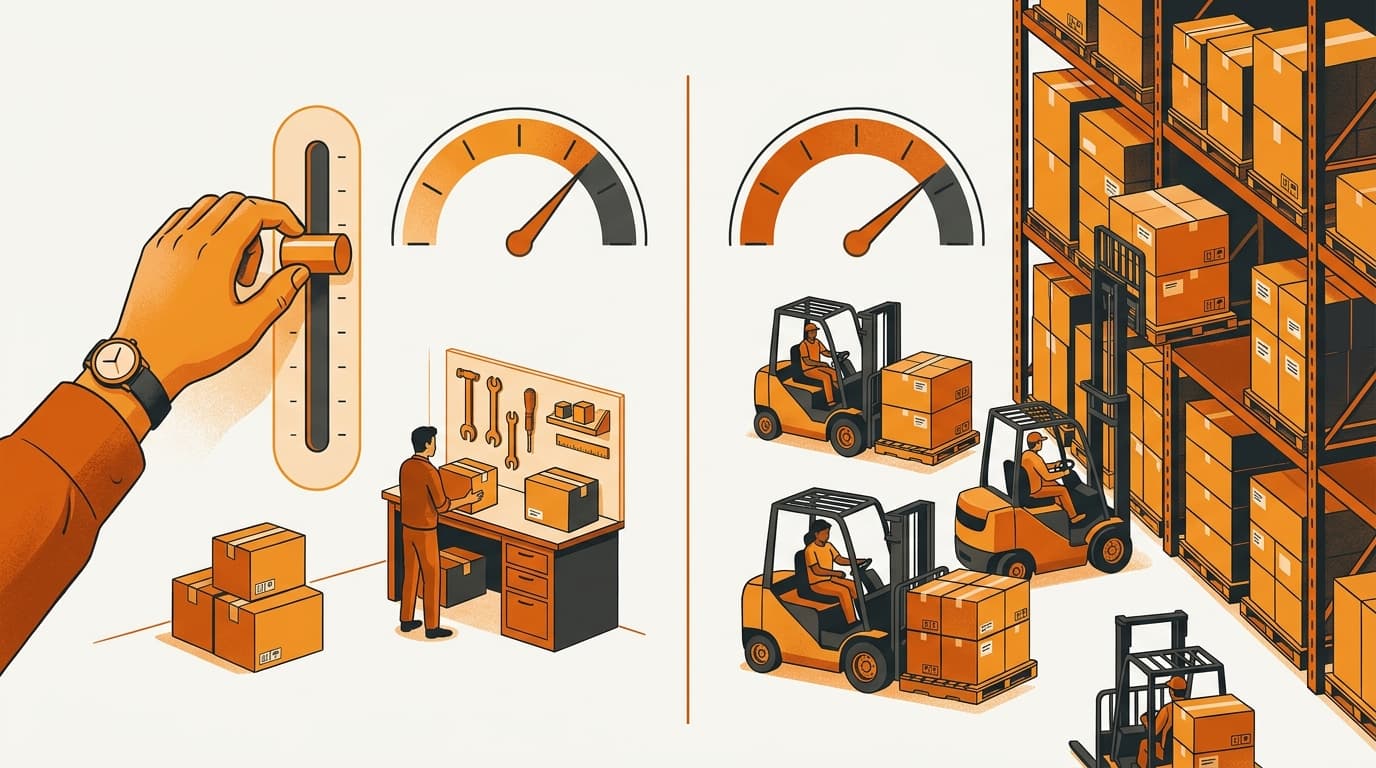 Illustration contrasting a merchant setting a quantity dial versus boxes arriving on a warehouse shelf