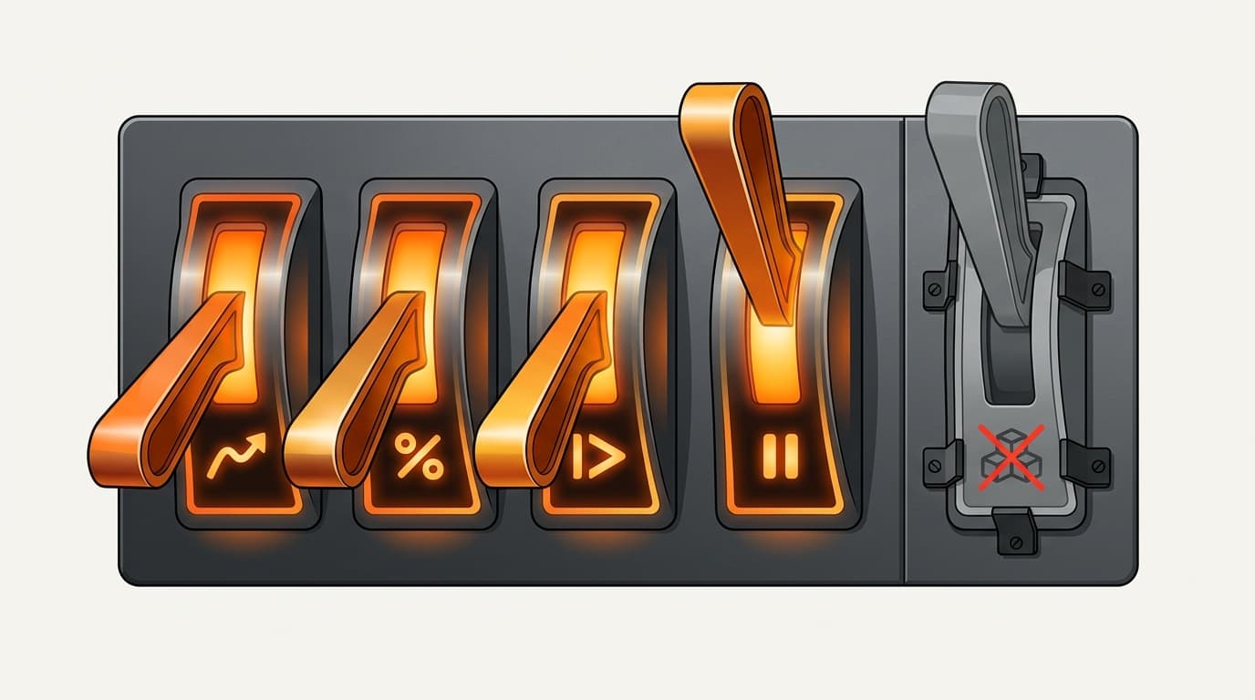 Illustration of a control panel with active price and pause levers and one locked quantity lever