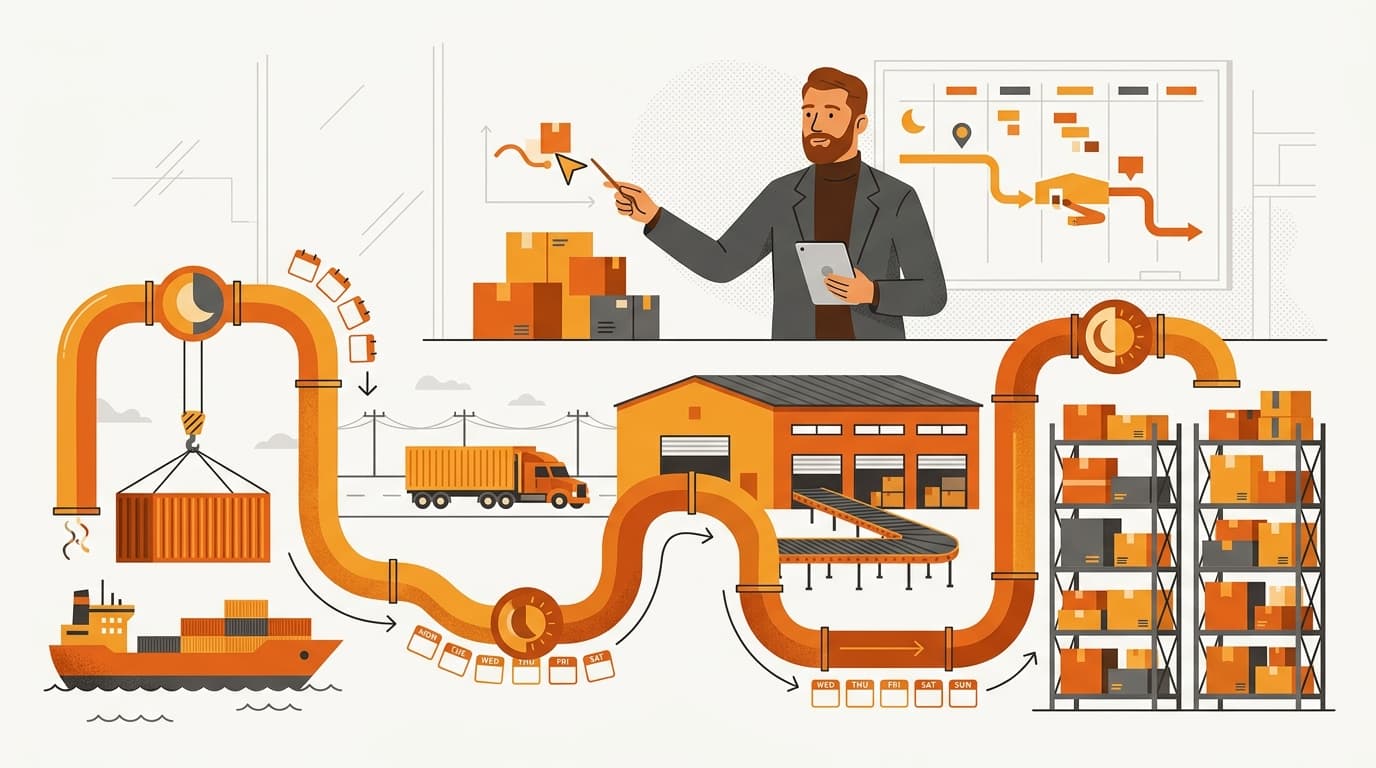 Illustration of a logistics timeline from container to filled shelf with a founder planning reorder points