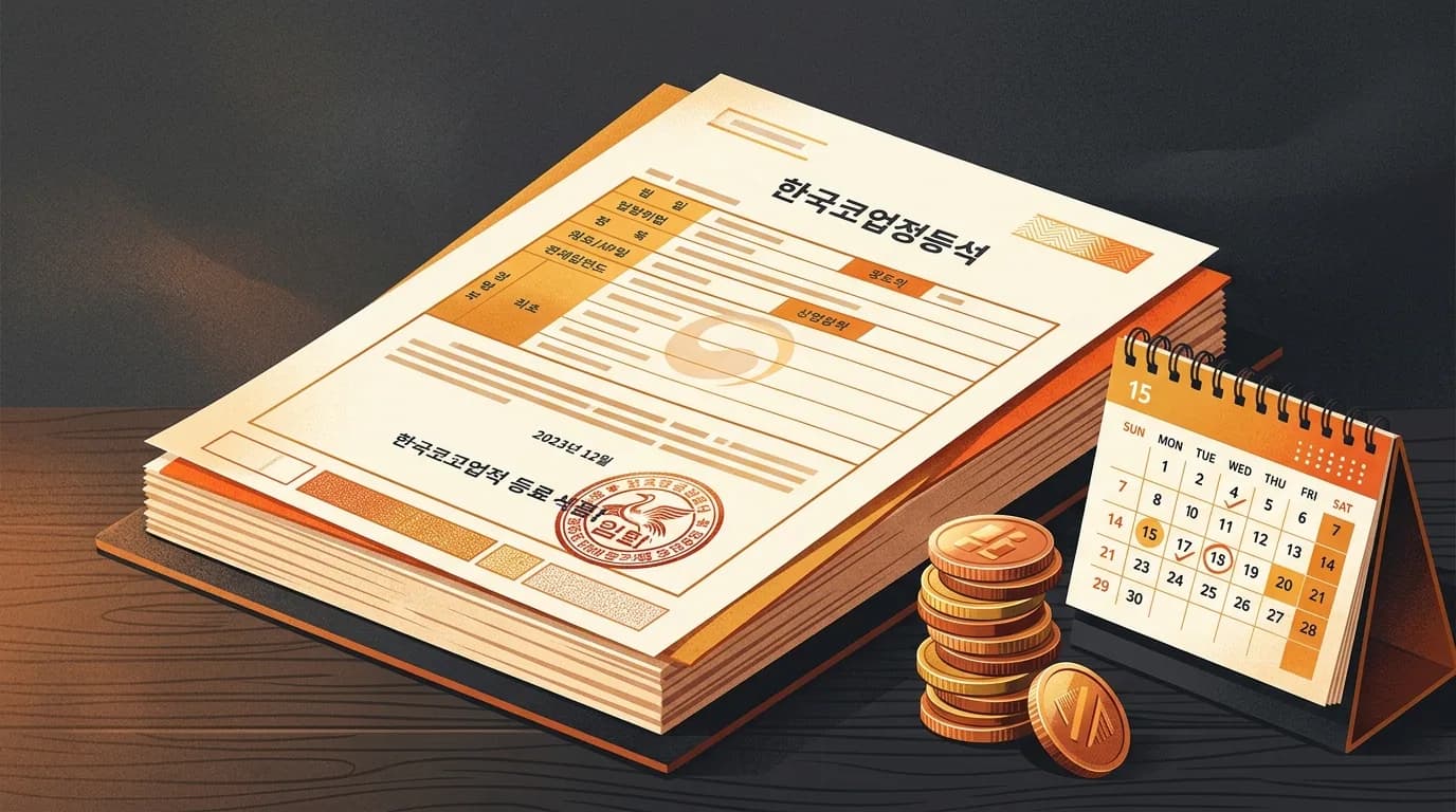 Stylized Korean corporate registration document with notary seal and coins