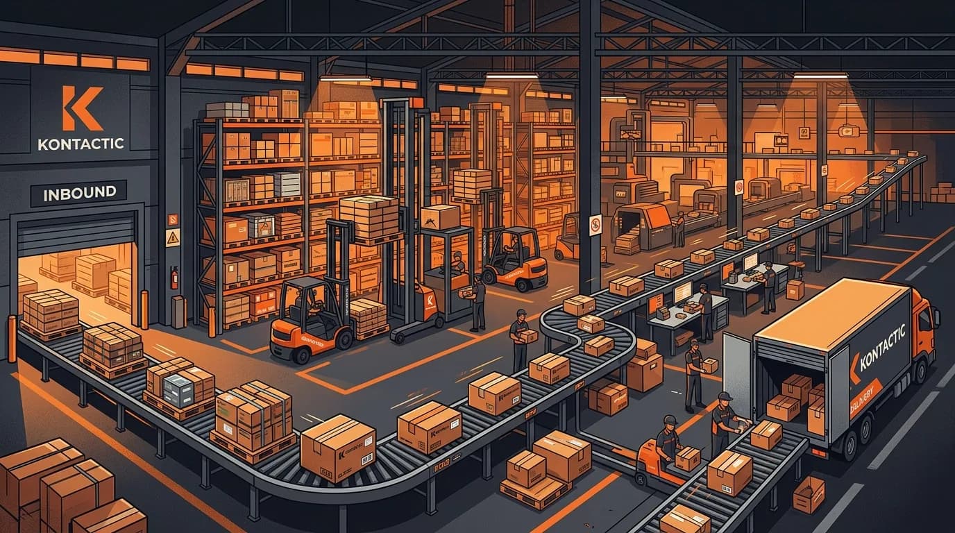 Stylized Korean fulfillment warehouse with inbound pallets and outbound parcels