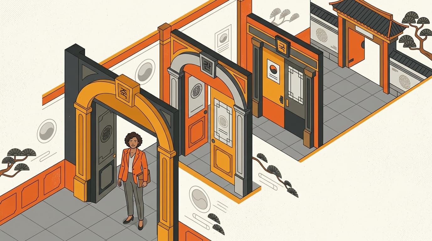A foreign founder facing a sequence of government doorways representing Korea's registration steps